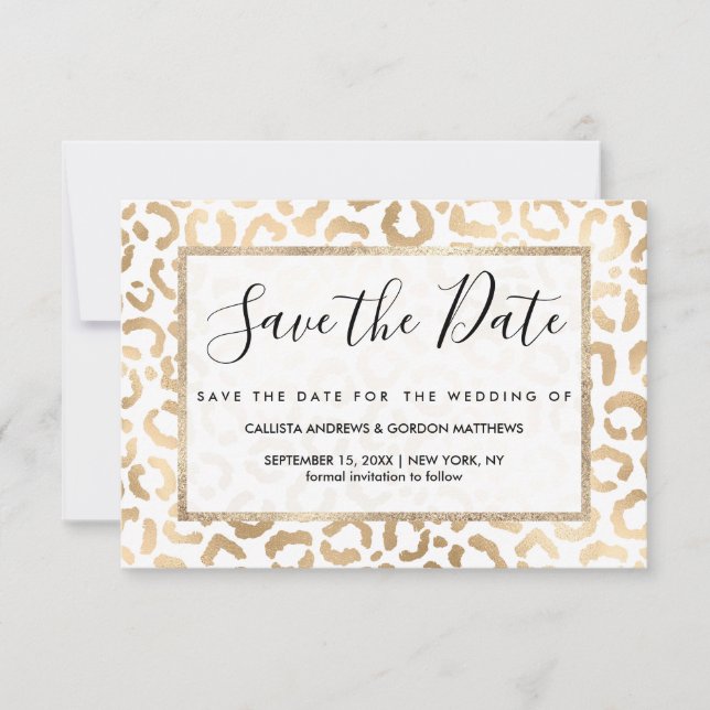 Save The Date Elegant Gold White Leopard Cheetah Animal Print (Devant)