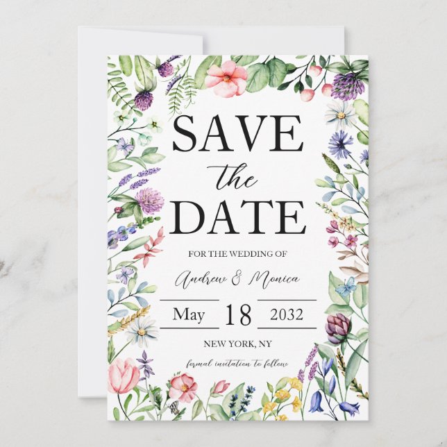 Save The Date Élégant Gras Fleur sauvage Sage Mariage Vert (Devant)