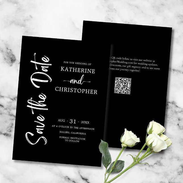 Save The Date Élégant Gras Script noir blanc Mariage formel (Black and White Formal Save the Date Card with Elegant Vertical Script, QR Code, Website.)