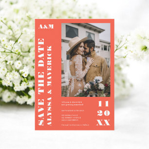 Save The Date Élégant Gras simple orange blanche 2 photos mariag