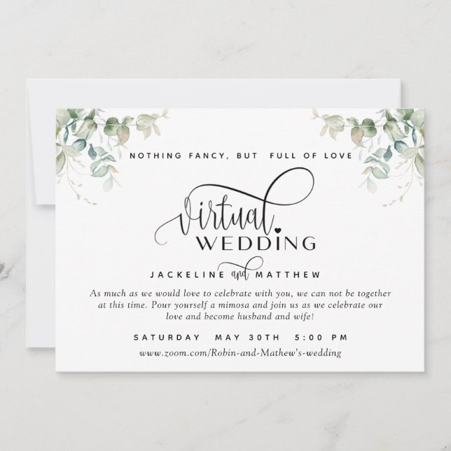 Save The Date Elegant Greenery, Mariage Virtuel Unique en Ligne (Devant)