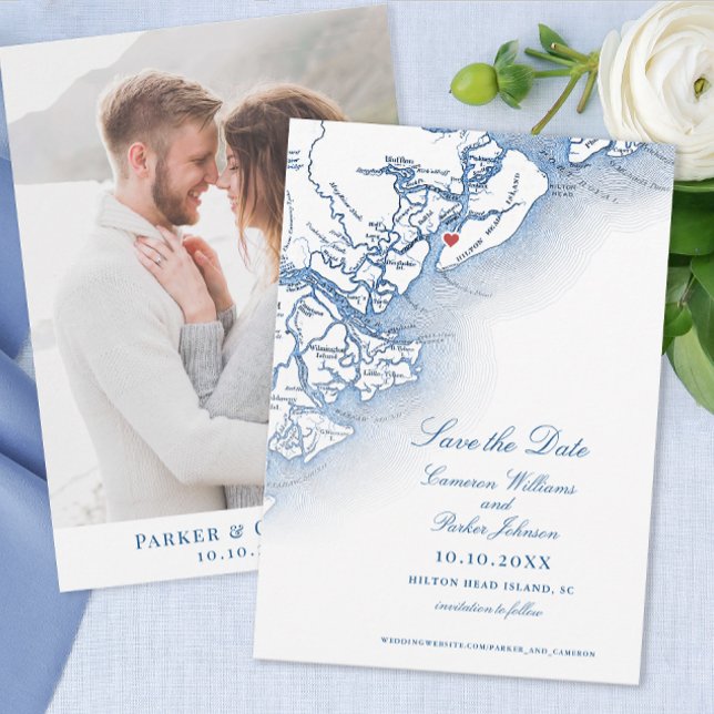 Save The Date Élégant Hilton Head SC Map Mariage vertical (Hilton Head SC Wedding Save the Date in elegant navy blue from Coastal Map Designs)