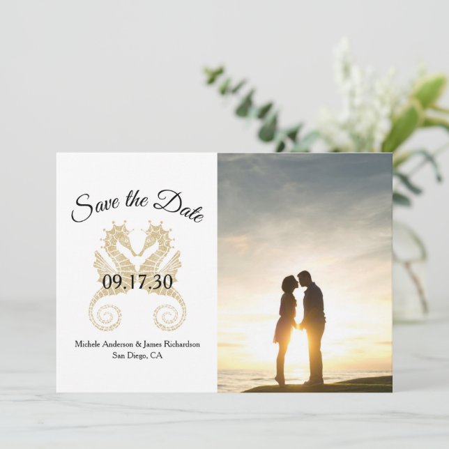 Save The Date Élégant Hippocampe d'or Mariage tropical Photo (Debout devant)