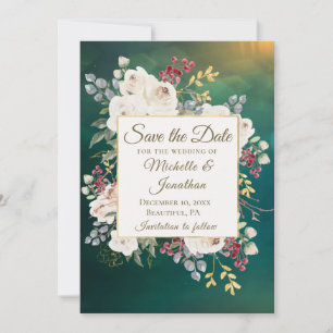 Save The Date Élégant Hiver Blanc Rose Floral Vert Arrière - pla