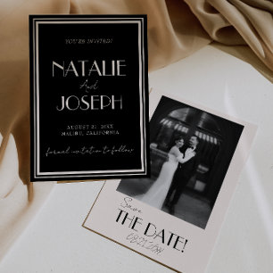 Save The Date Élégant Ivoire Noir Vieille Fortune Photo Mariage 