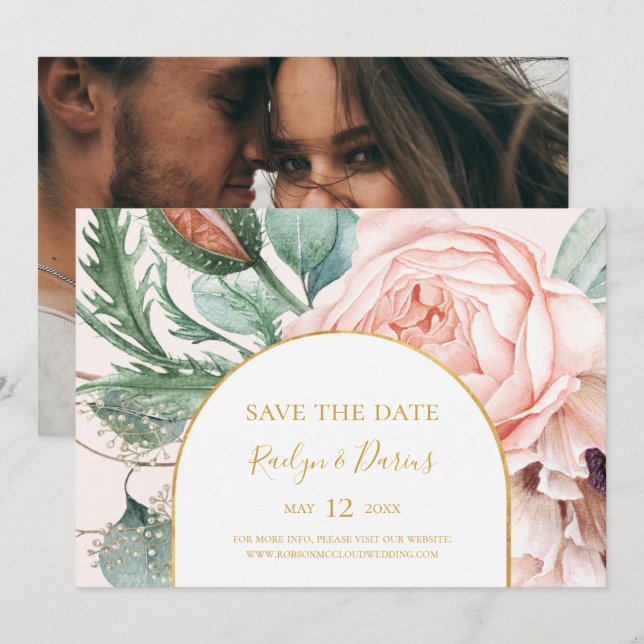 Save The Date Élégant jardin floral Pastel Photo horizontale Enr (Devant / Derrière)