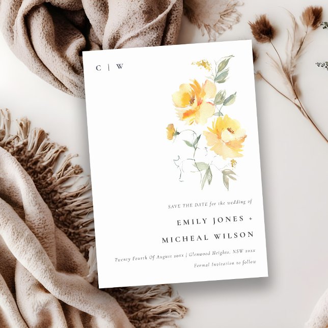 Save The Date Elégant Jaune Vert Aquarelle Rose Flower Bunch (Créateur téléchargé)