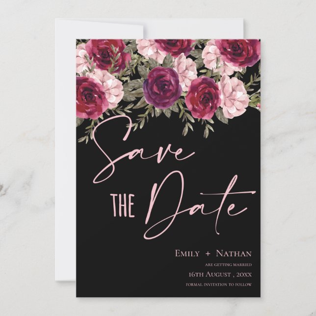 Save The Date Élégant Joli Mariage floral de Pêche Bourgogne (Devant)