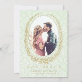 Save The Date Elegant Laurel Wreath | Photo Green Damask