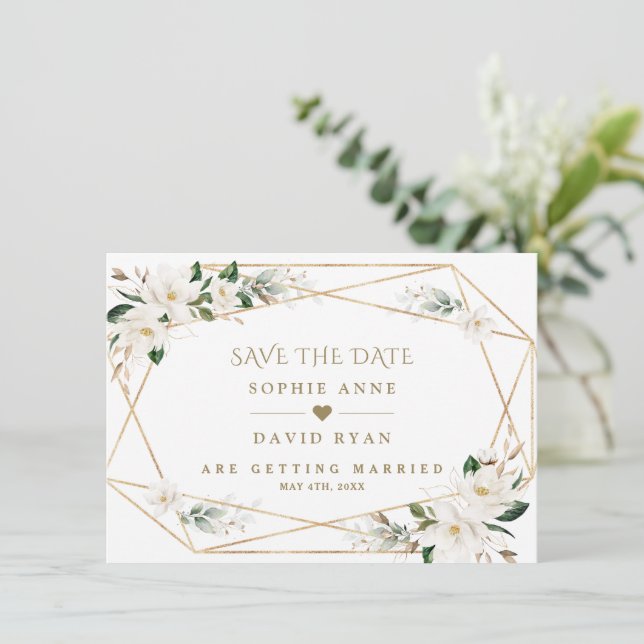 Save The Date Élégant Magnolia Rose Mariage or blanc (Debout devant)