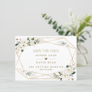 Save The Date Élégant Magnolia Rose Mariage or blanc