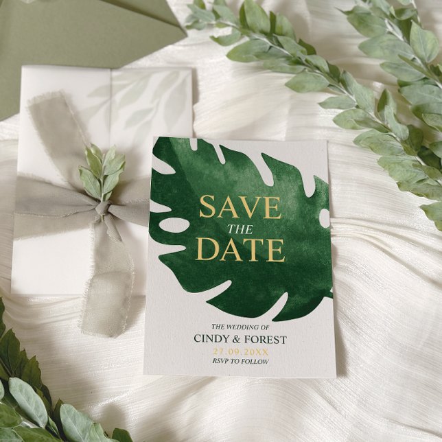 Save The Date Élégant Mariage à Feuille Tropicale Verte de Monst (Créateur téléchargé)
