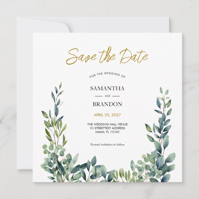 Save The Date Élégant mariage aquarelle botanique de verdure (Devant)
