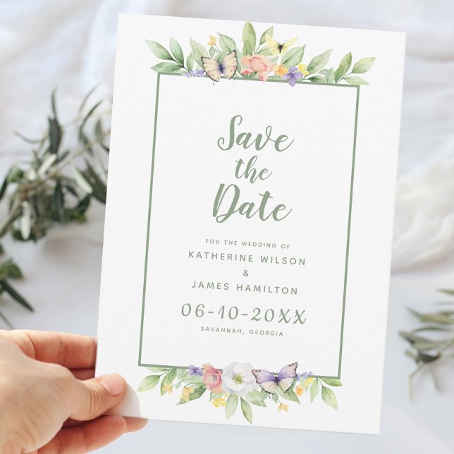 Save The Date Elégant Mariage Aquarelle Floral Papillon Vert (Elegant Wedding Watercolor Floral Butterfly Green Save The Date)