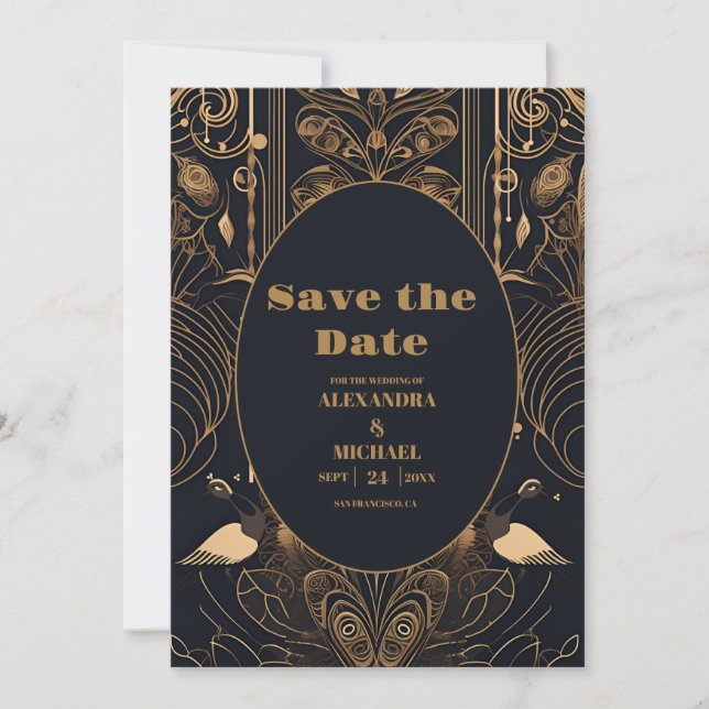 Save The Date Elégant Mariage Art Déco Peacocks (Devant)
