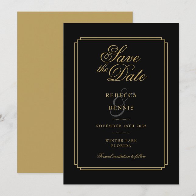Save The Date Élégant Mariage Art Déco Script noir et or (Devant / Derrière)