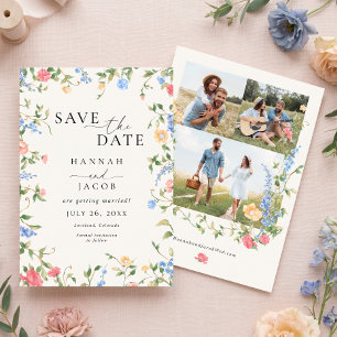 Save The Date Élégant Mariage aux Trois Photos de Fleur Sauvage