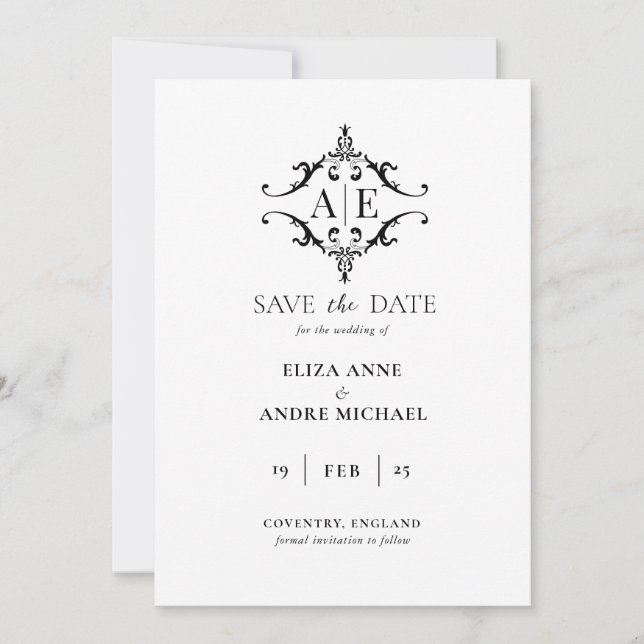 Save The Date Élégant Mariage Blason Monogramme Noir & Blanc  (Devant)