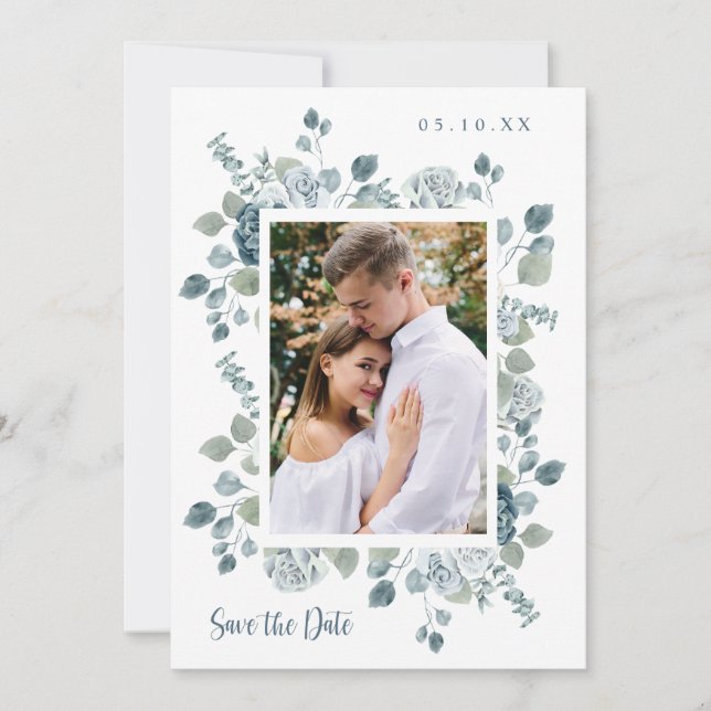 Save The Date Elégant Mariage bleu Dusty (Devant)