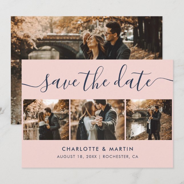 Save The Date Elégant Mariage bleu et bleu marine moderne 4 Phot (Devant / Derrière)