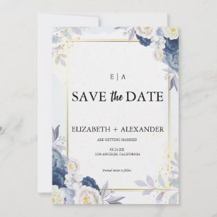 Save The Date Elégant Mariage bleu et or floral Dusty