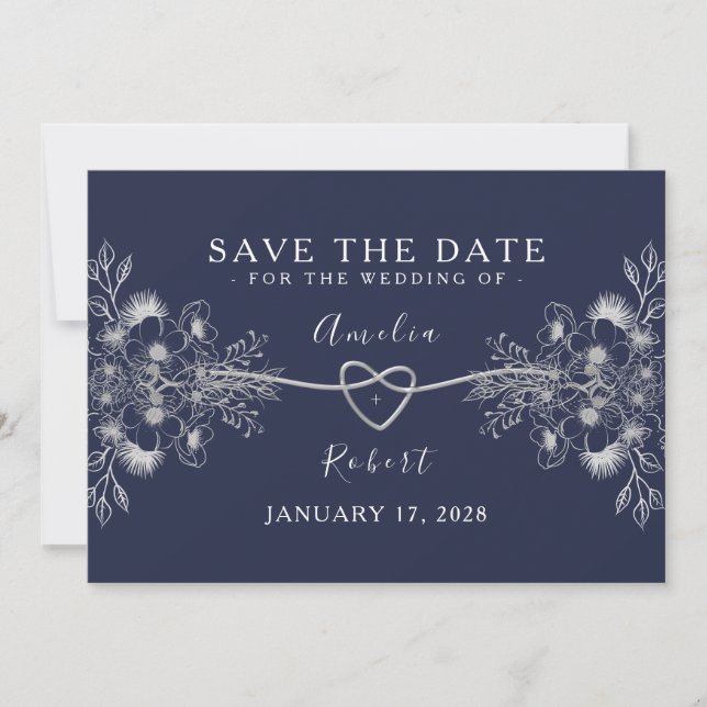 Save The Date Élégant Mariage Bleu Marine Enregistrer La Date (Devant)