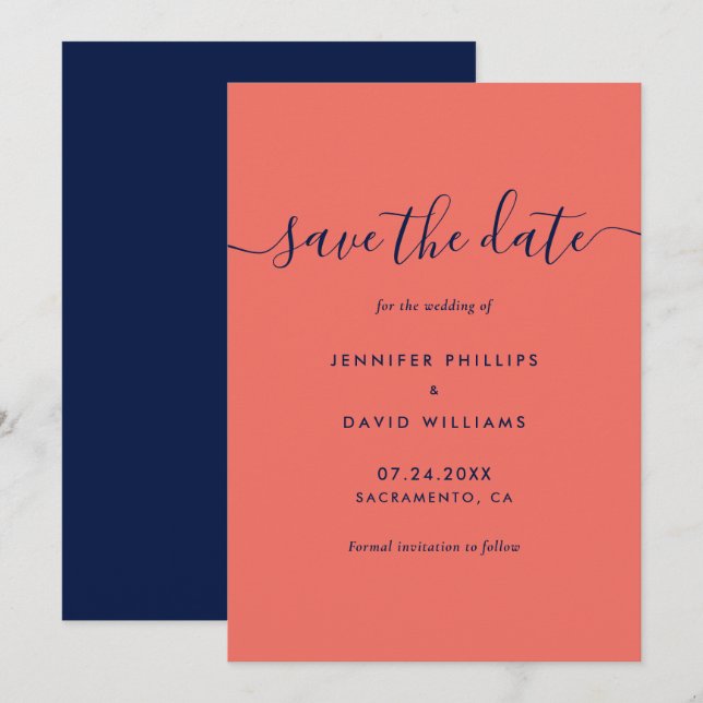 Save The Date Elégant Mariage bleu marine et corail (Devant / Derrière)