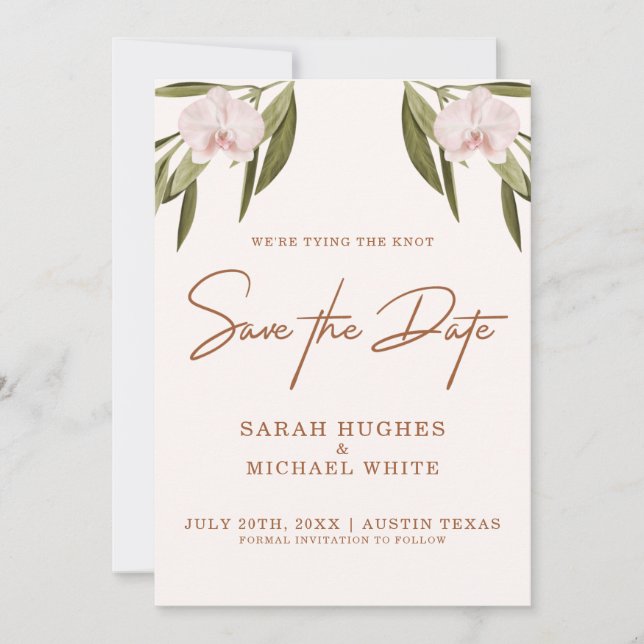 Save The Date Élégant Mariage Brown rose vert orchidée Boho  (Devant)