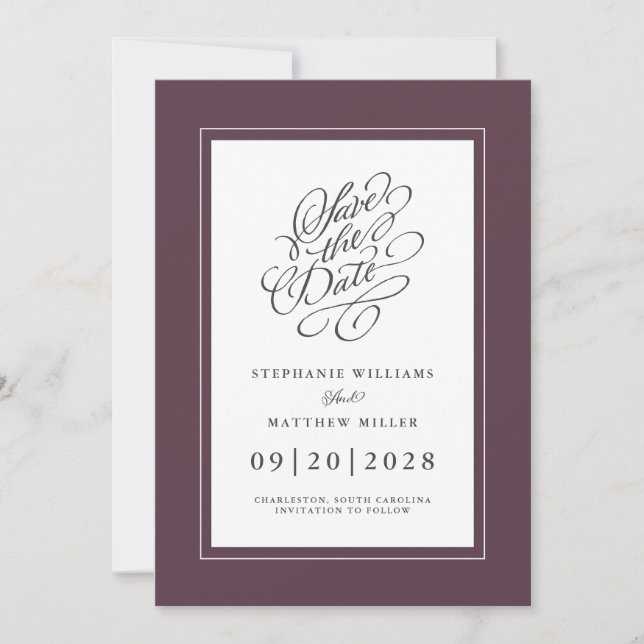 Save The Date Élégant Mariage Chic Script tendance Moody Purple (Devant)