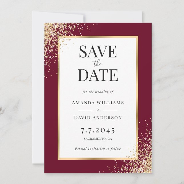 Save The Date Élégant Mariage Confetti Cadre Or Bourgogne (Devant)