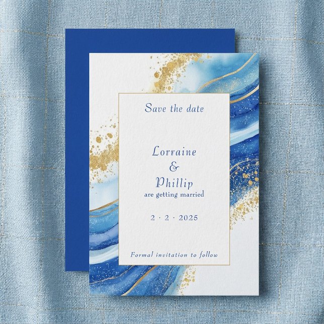 Save The Date Elégant Mariage d'aquarelle bleu et or (Elegant Blue and Gold Watercolor Wedding Save The Date.)