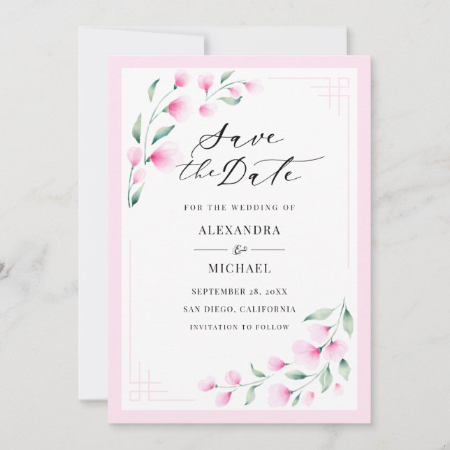 Save The Date Élégant Mariage d'aquarelle rose-bleu (Devant)
