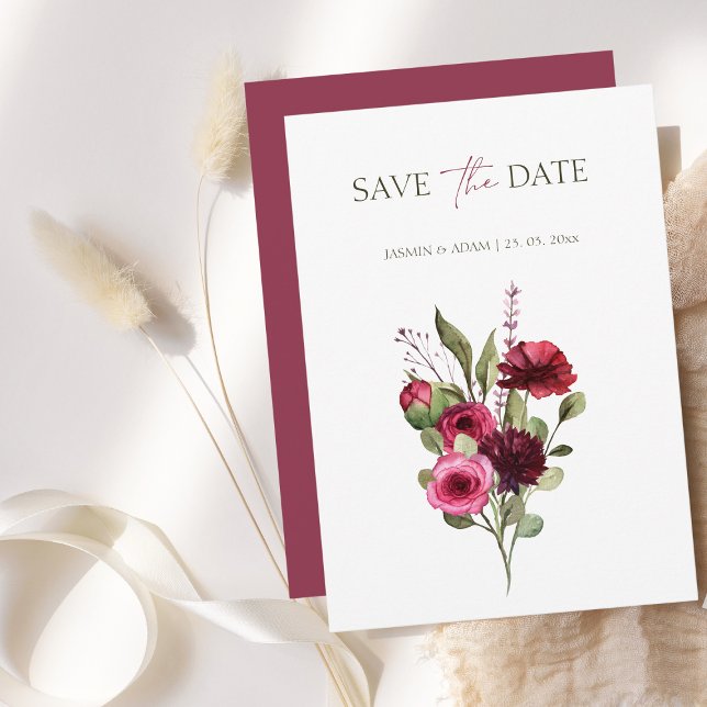 Save The Date Élégant Mariage de bouquet floral Bourgogne (Elegant Burgundy Floral Bouquet Wedding Save The Date)