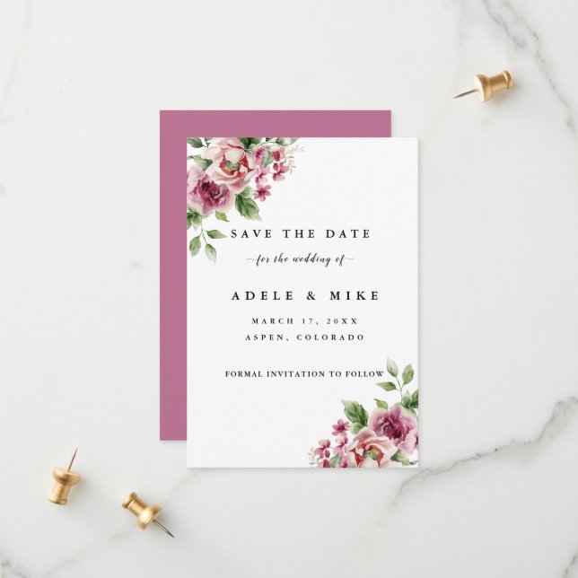 Save The Date Elégant Mariage de bouquet rose aquarelle (Devant/Arrière en situation)