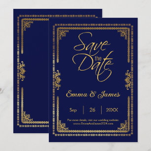 Save The Date Elégant Mariage de cadre bleu et or de la marine