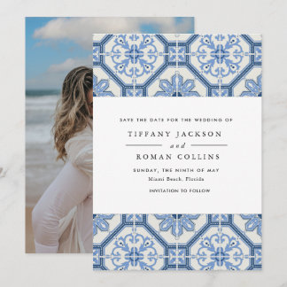 Save The Date Élégant Mariage de carrelage bleu grec