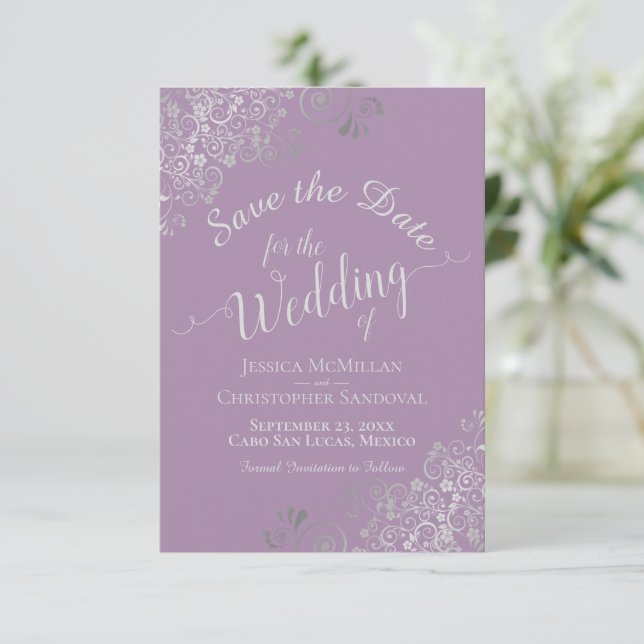Save The Date Élégant Mariage de dentelle gris argent (Debout devant)