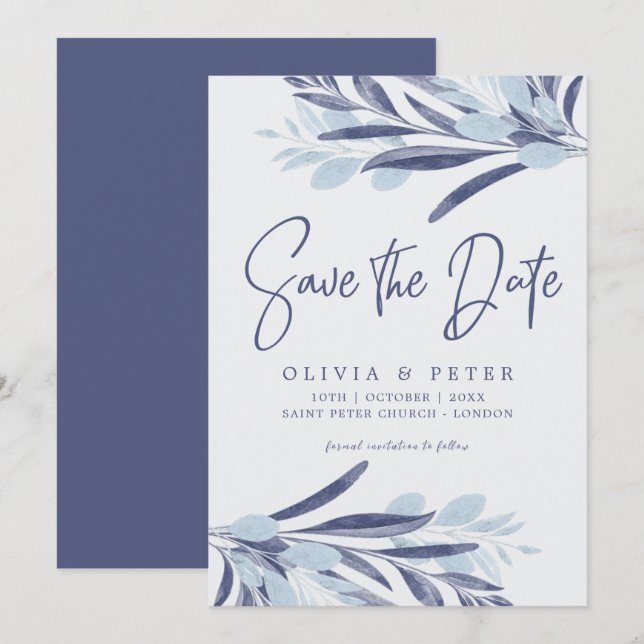 Save The Date Elégant Mariage de feuillage bleu aquarelle (Devant / Derrière)