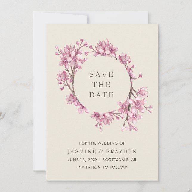Save The Date Élégant Mariage de fleurs de cerise rose (Devant)