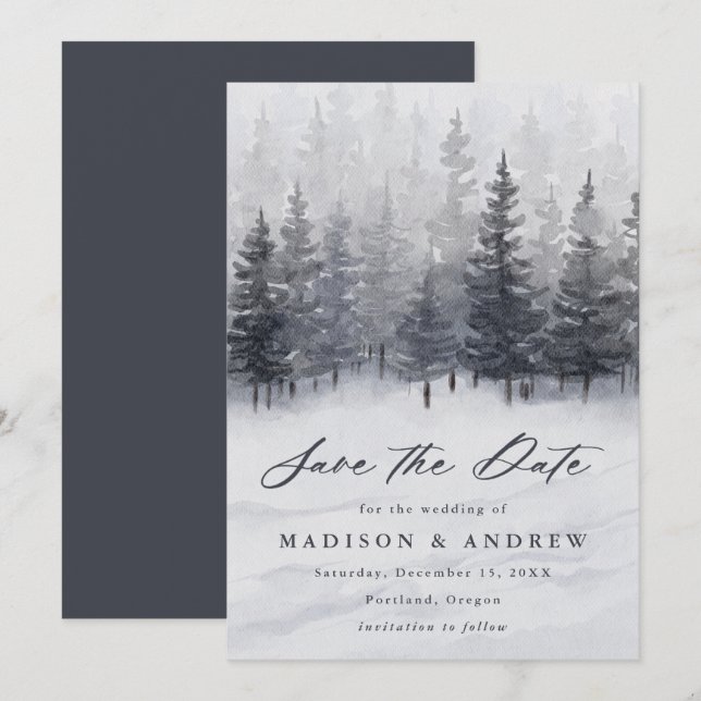 Save The Date Élégant Mariage de forêt d'hiver (Devant / Derrière)