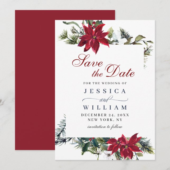 Save The Date Elégant Mariage de la branche de pin Poinsettia (Devant / Derrière)