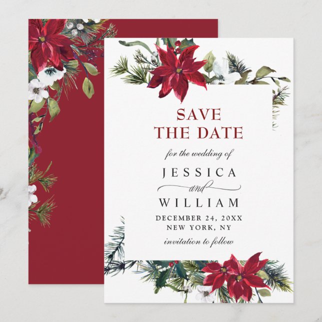 Save The Date Elégant Mariage de la branche de pin Poinsettia (Devant / Derrière)