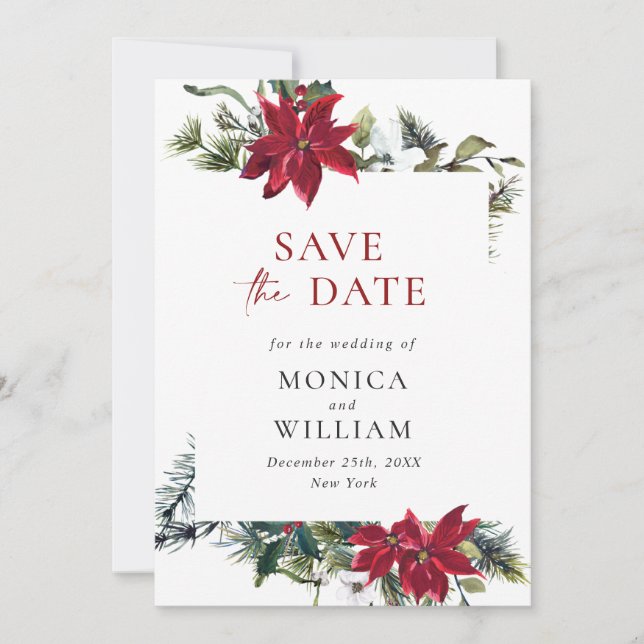 Save The Date Elégant Mariage de la branche de pin Poinsettia (Devant)