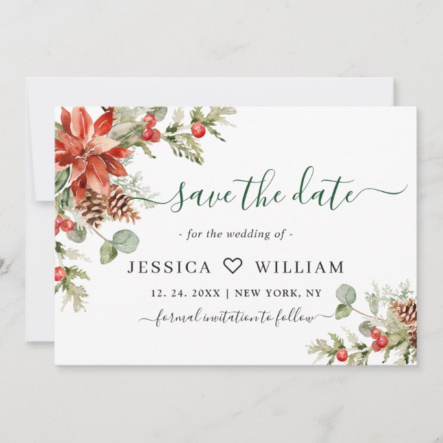 Save The Date Elégant Mariage de la branche de pin Poinsettia (Devant)