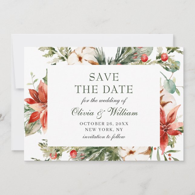 Save The Date Elégant Mariage de la branche de pin Poinsettia (Devant)