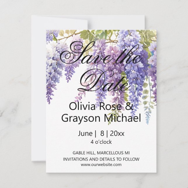 Save The Date Elégant mariage de la glycine bleu violet (Devant)