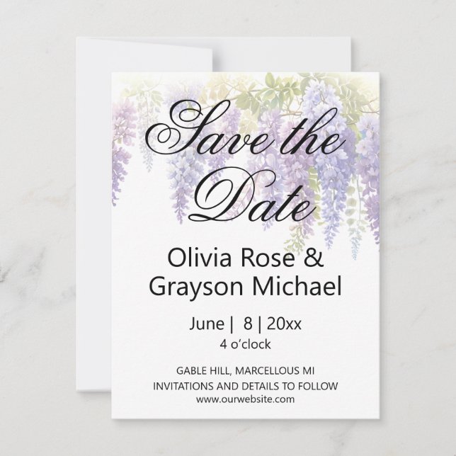 Save The Date Elégant mariage de la glycine bleu violet (Devant)