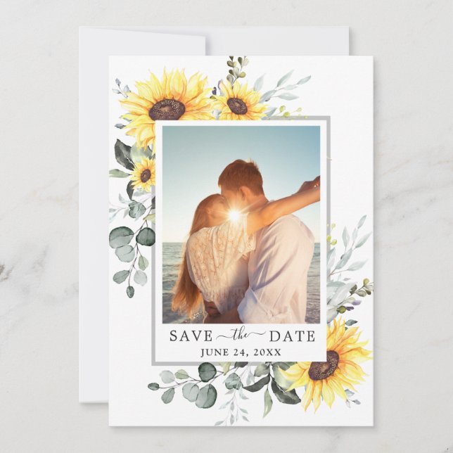 Save The Date Élégant Mariage de la photo de tournesol Eucalyptu (Devant)