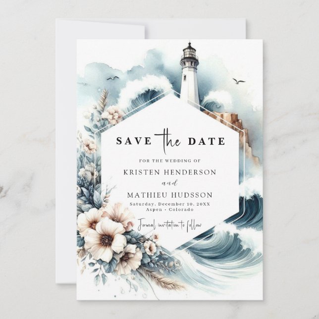 Save The Date Élégant Mariage de phare des vagues océaniques (Devant)