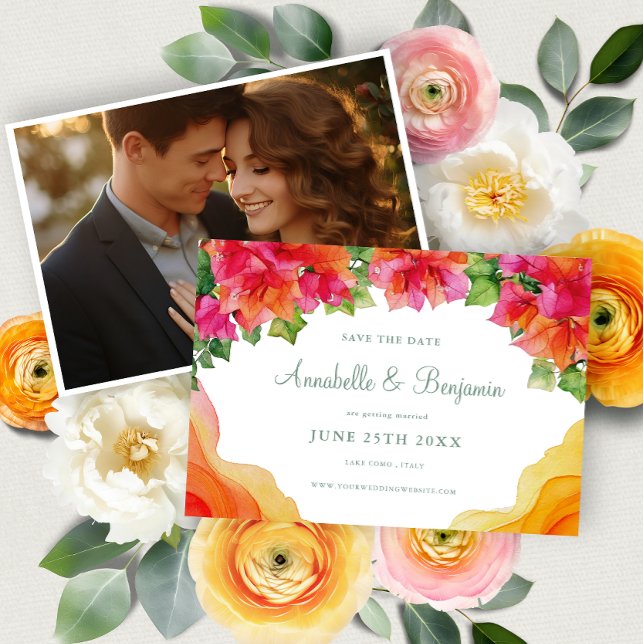 Save The Date Élégant Mariage de photos Orange Floral Bougainvil (Créateur téléchargé)